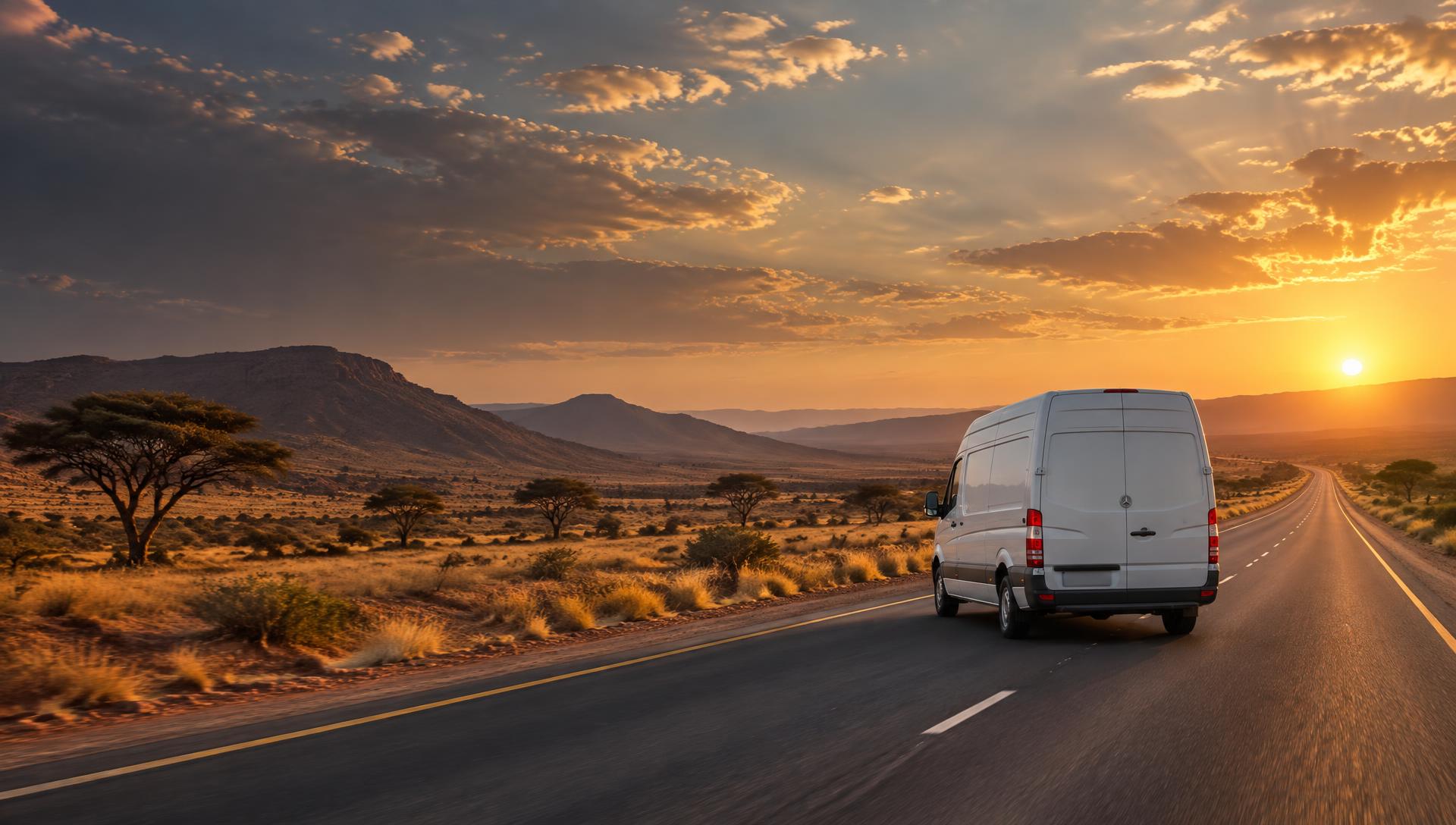 Plain white Sprinter van travelling on an open road through Southern African grassland at sunset
